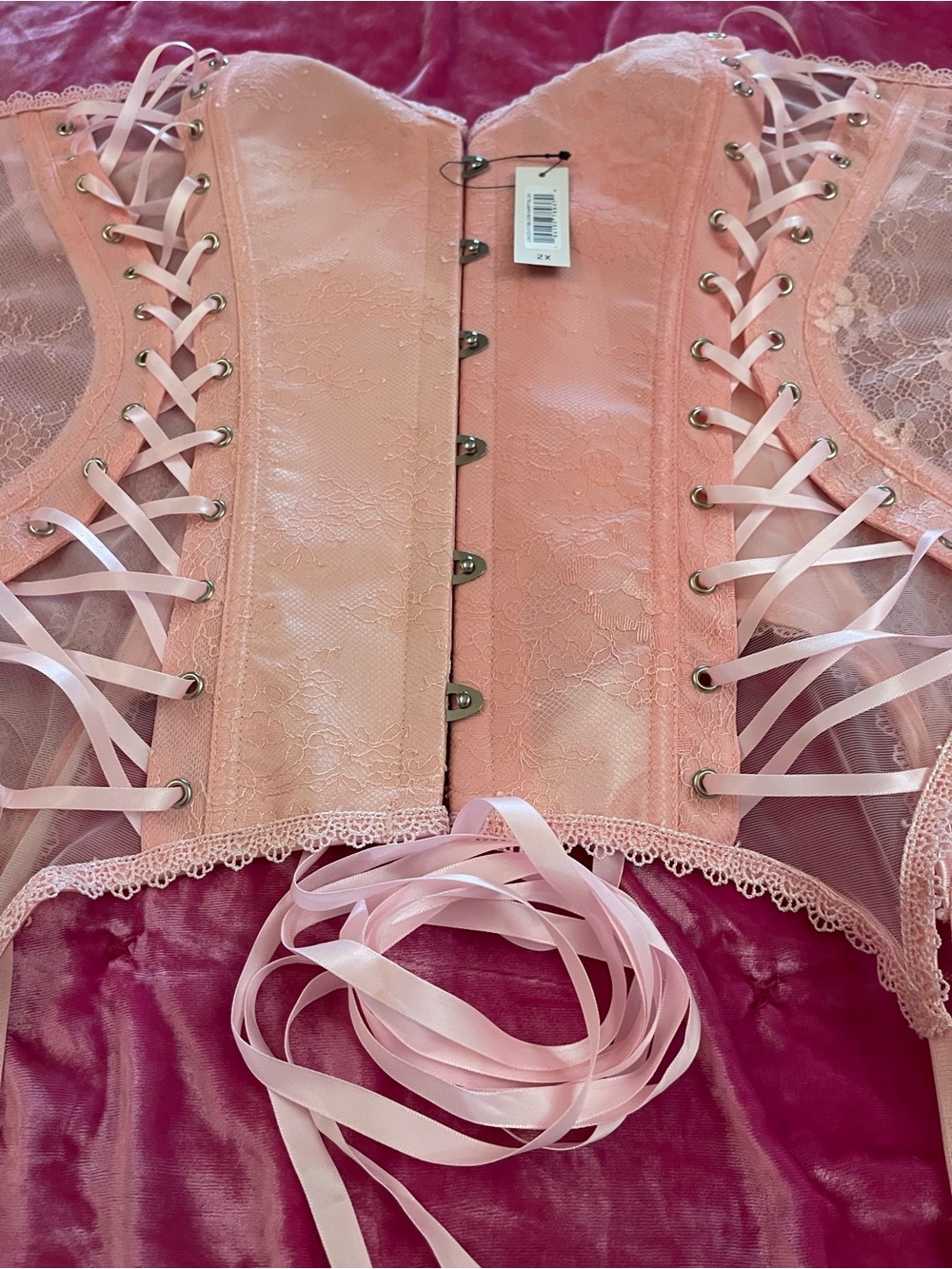 Adore Me Pink Lace Satin Corset With Garter Straps